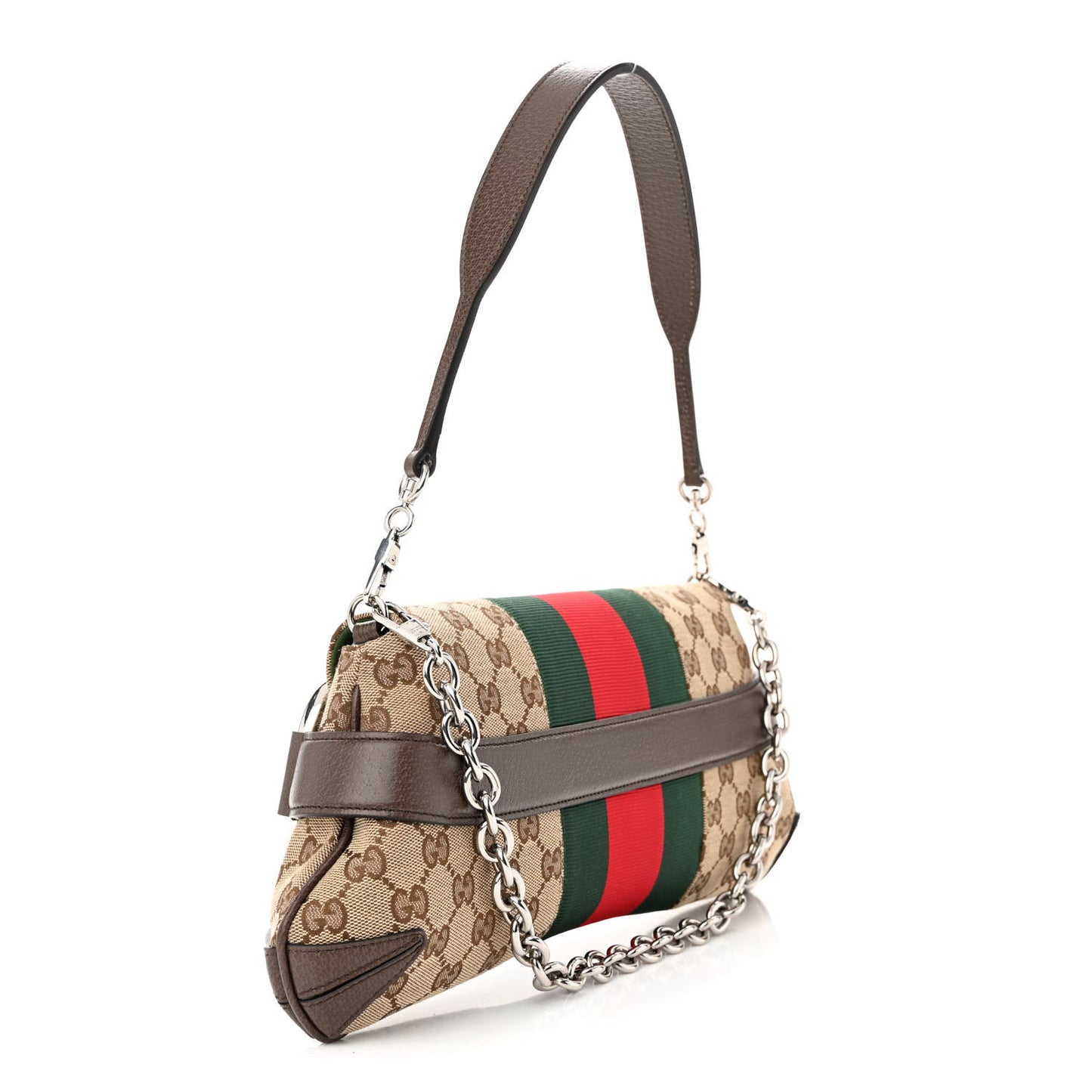 Monogram Textured Dollar Calfskin Heavy Grosgrain Web Medium Maxi Horsebit Chain Shoulder Bag Beige Ebony New Acero
