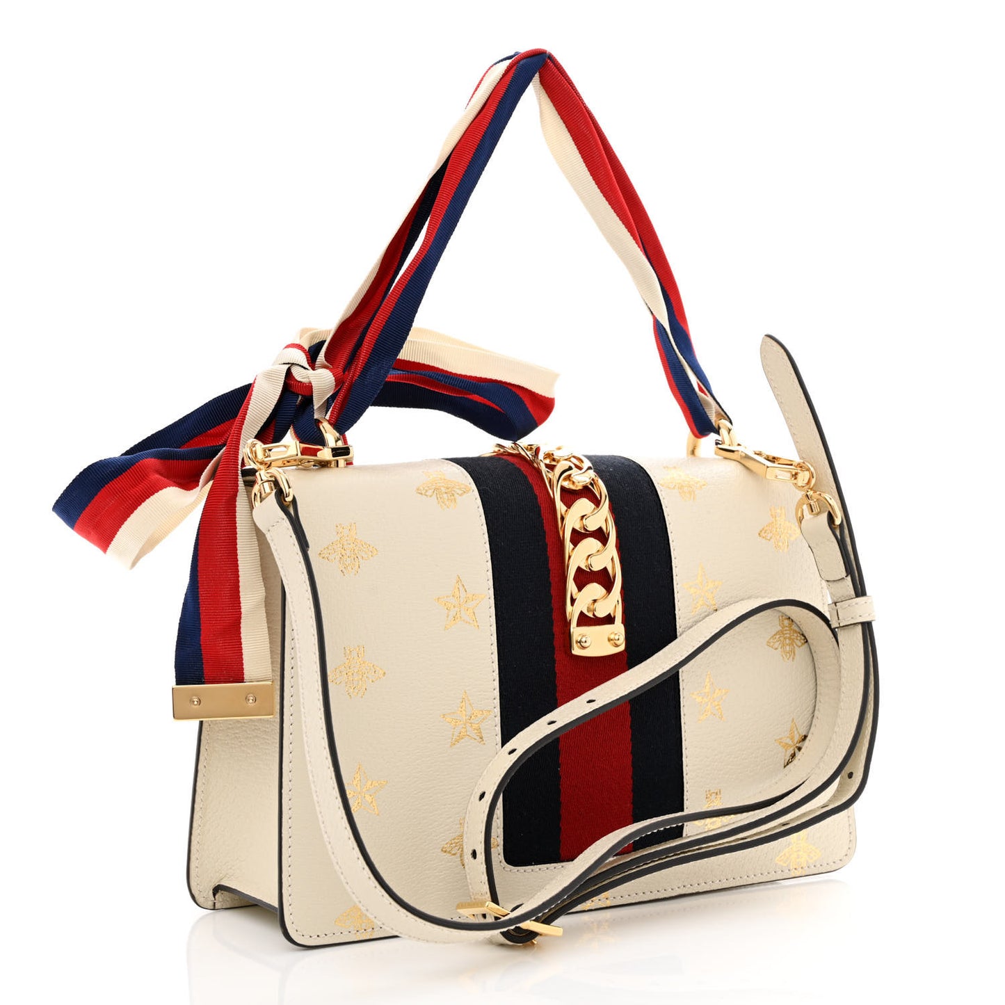 Textured Calfskin Bee Star Print Small Sylvie Shoulder Bag Mystic White