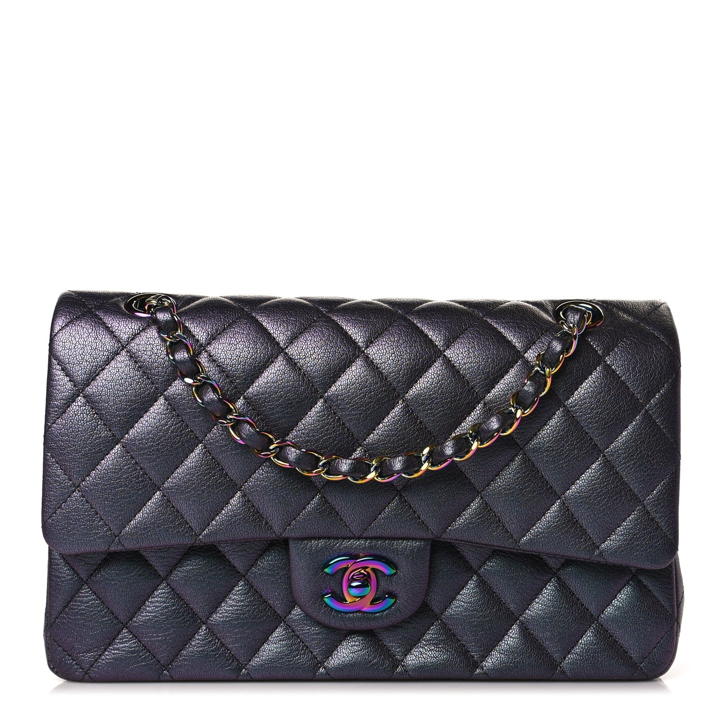 Iridescent Goatskin Quilted Medium Double Flap Purple