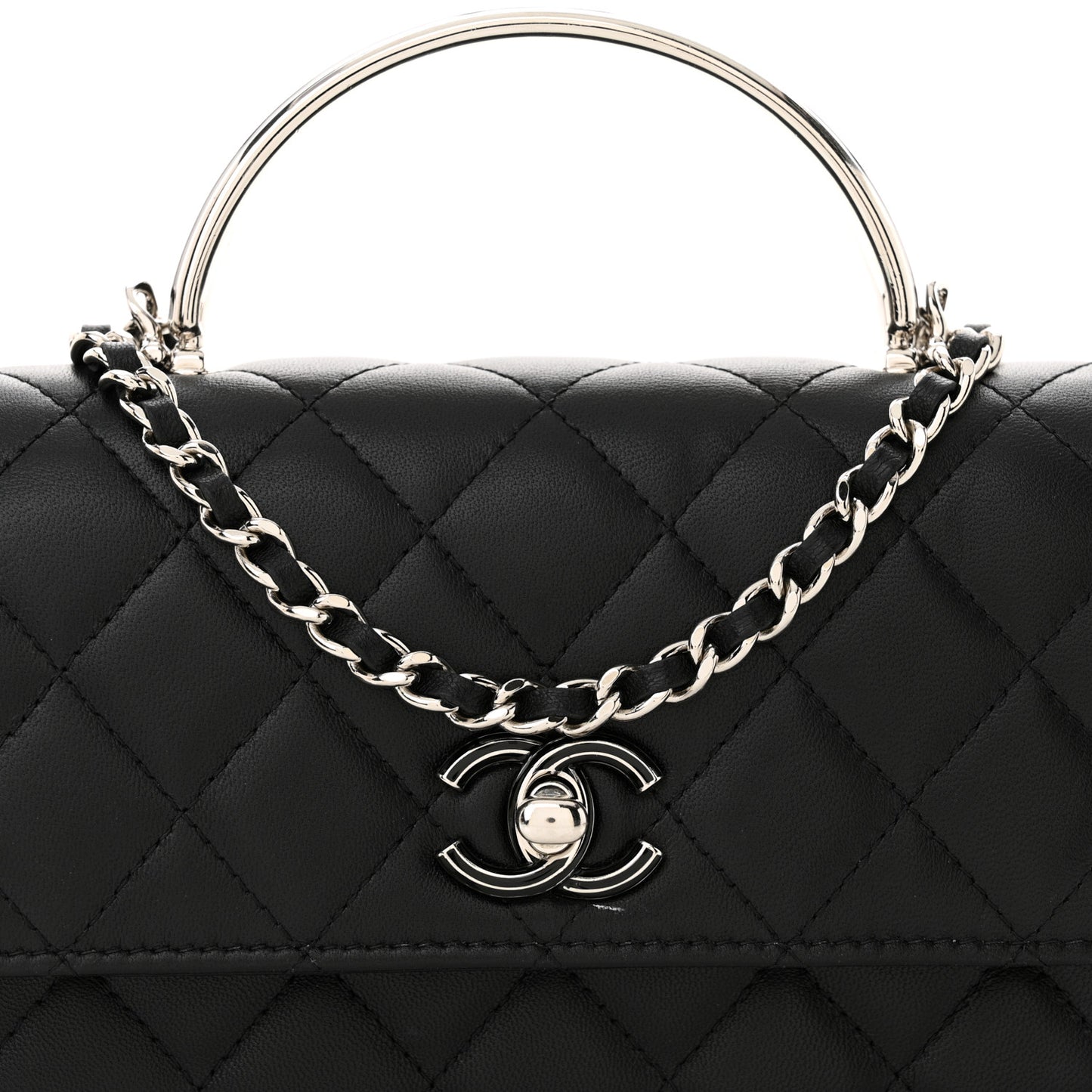 Lambskin Quilted Metal Top Handle Crossbody Flap Black