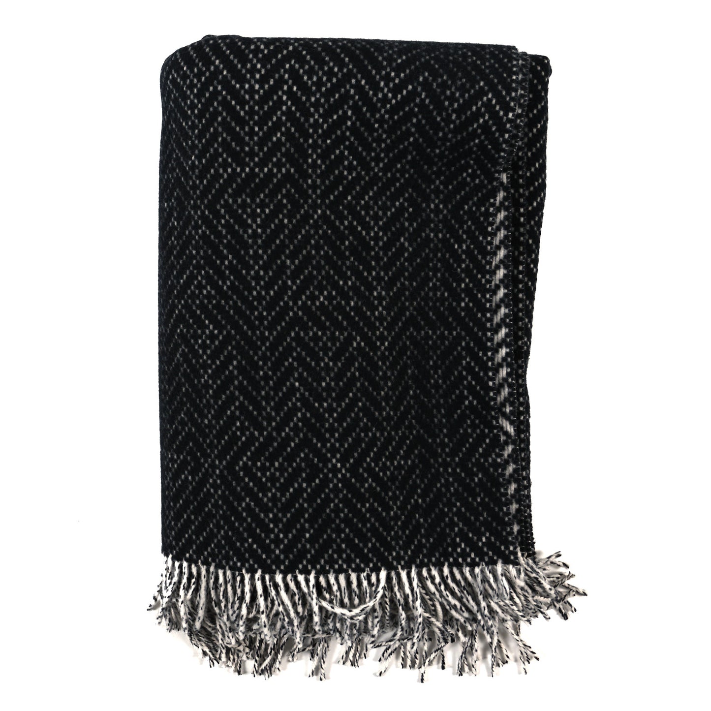 Wool Cashmere Fringe Herringbone Blanket Ecru Black