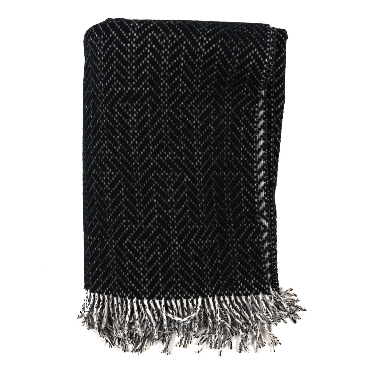 Hermes Wool Cashmere Fringe Herringbone Blanket Ecru Black 1 of 3