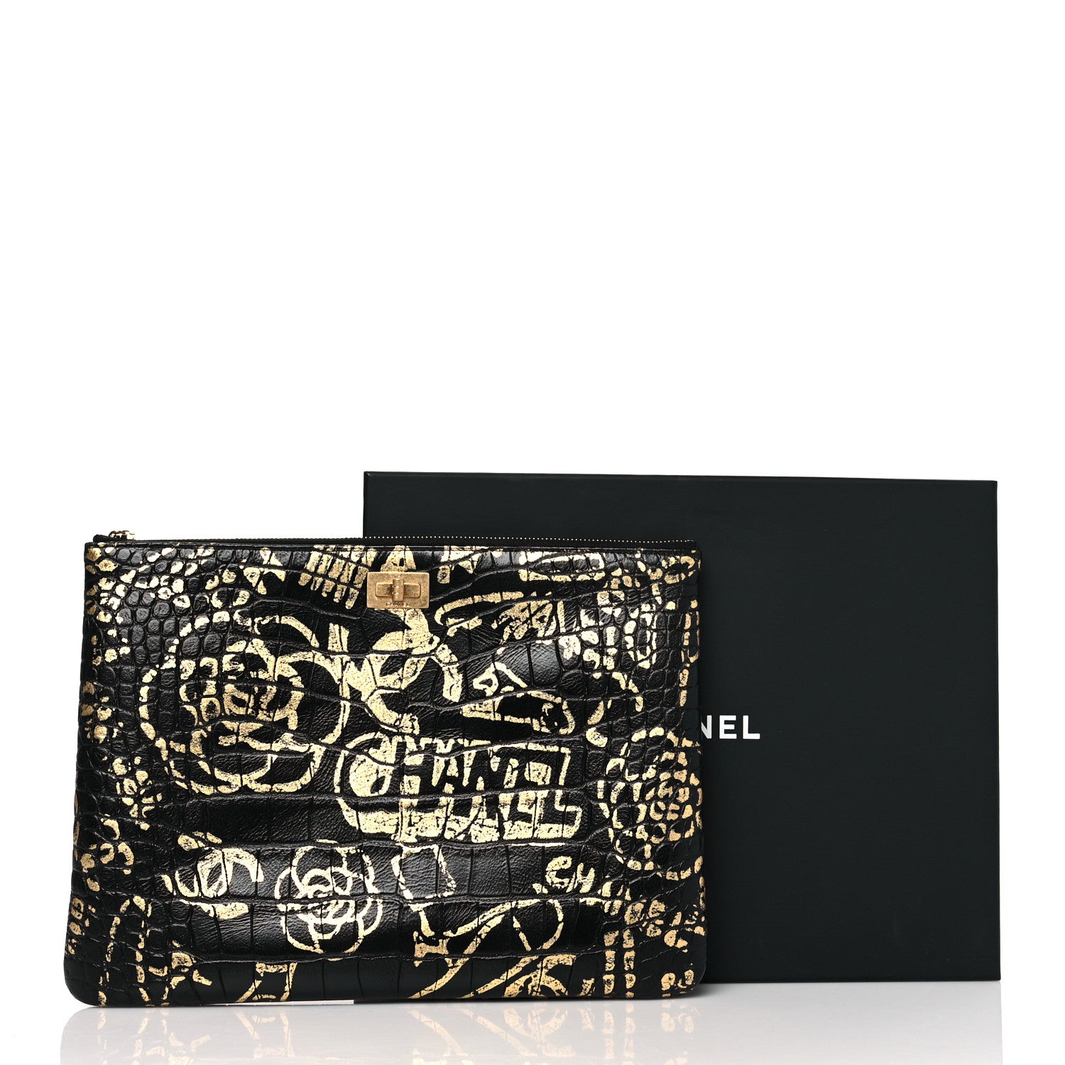 Chanel Calfskin Crocodile Embossed Graffiti 2.55 Medium Cocodile Reissue Cosmetic Case Black Gold 9 of 9