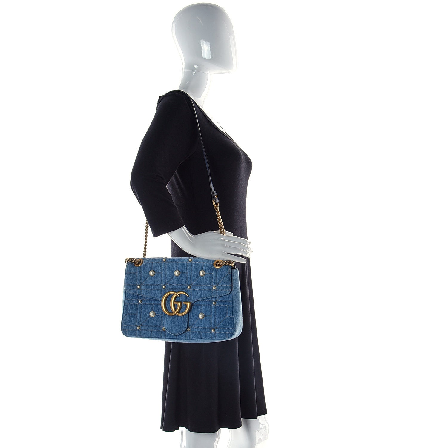 Gucci Denim Matelasse Pearl Studded Small GG Marmont Shoulder Bag Blue 2 of 12
