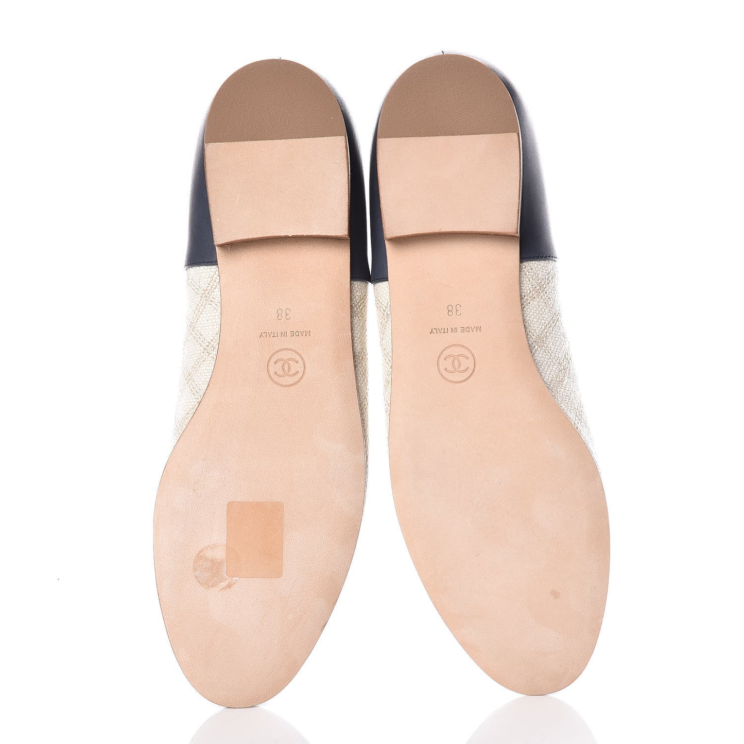 Toile Oily Calfskin CC Cap Toe Ballerina Flats 38 Light Beige Navy