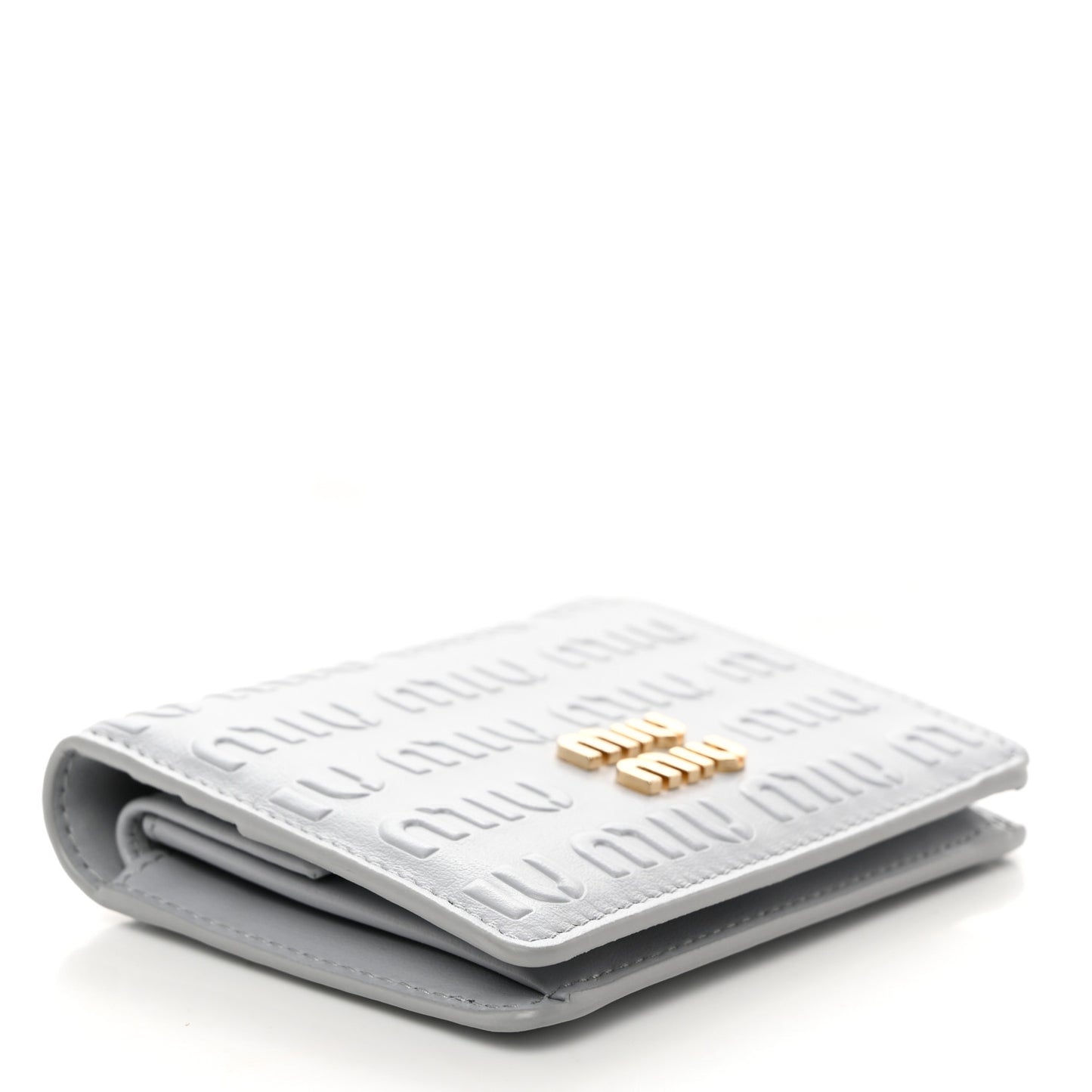 MIU MIU Calfskin Logo Embossed Bi-Fold Compact Wallet Fiordaliso