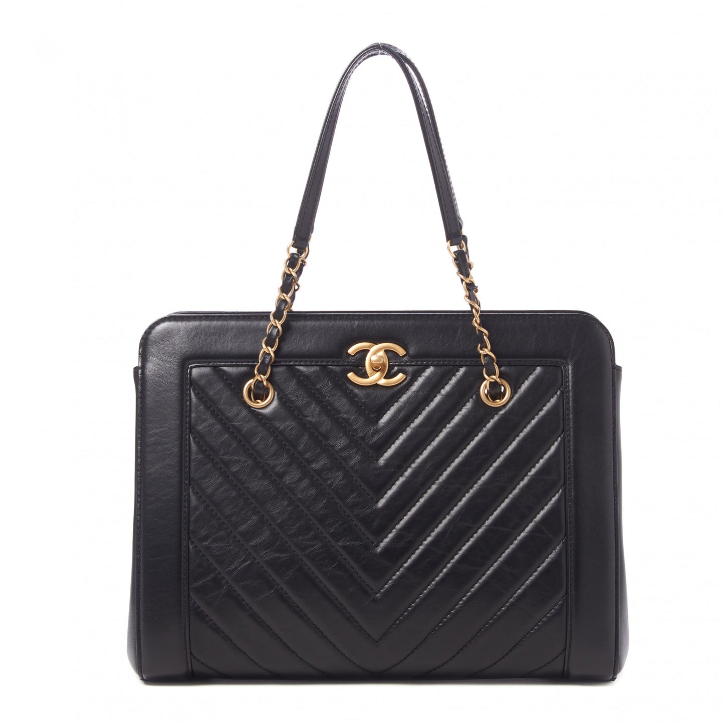Aged Calfskin Chevron Quilted Large Shopping Tote Black