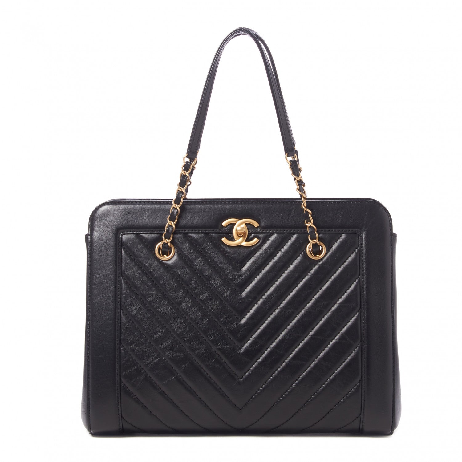 Chanel Aged Calfskin Chevron Quilted Large Shopping Tote Black 1 of 10