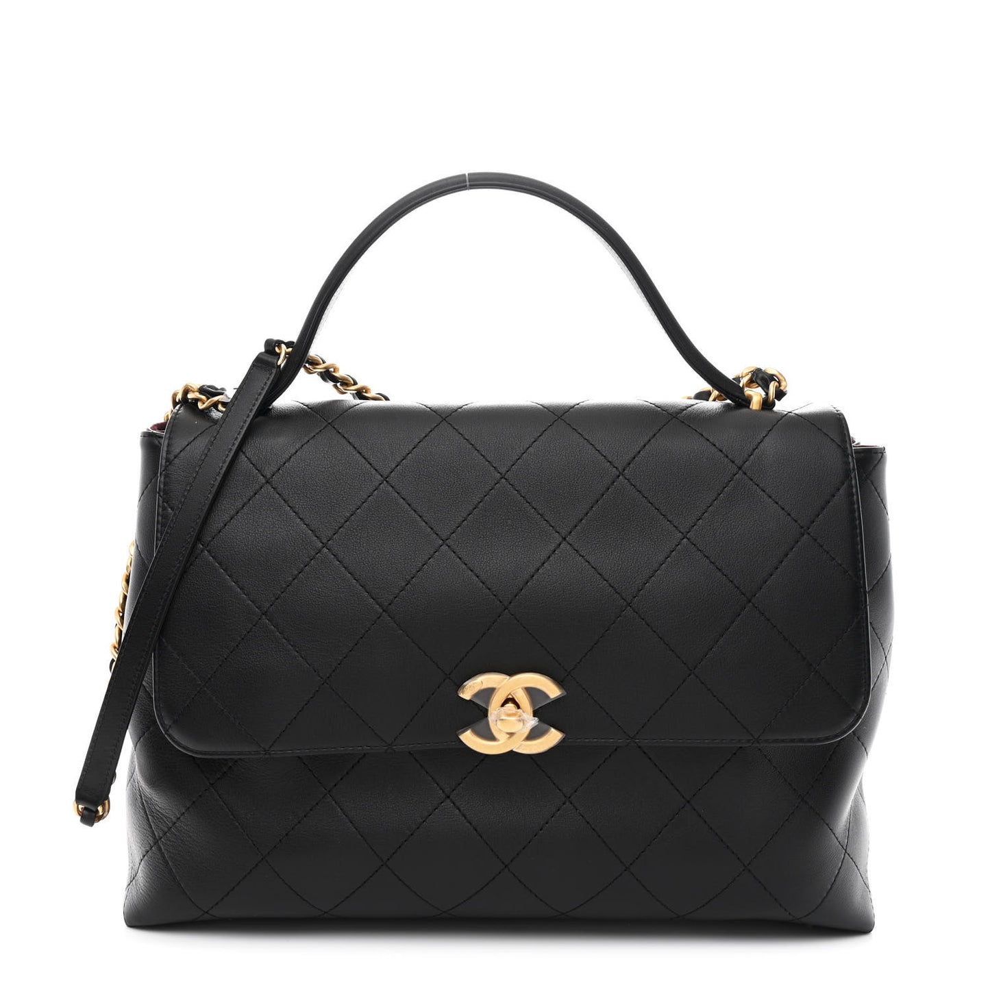 Calfskin Stitched Maxi Flap Top Handle Black