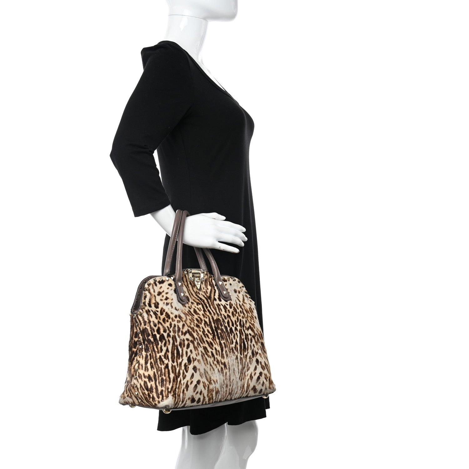 Valentino Garavani Calf Hair Cavallino Animal Rockstud Dome Satchel Leopard 2 of 17