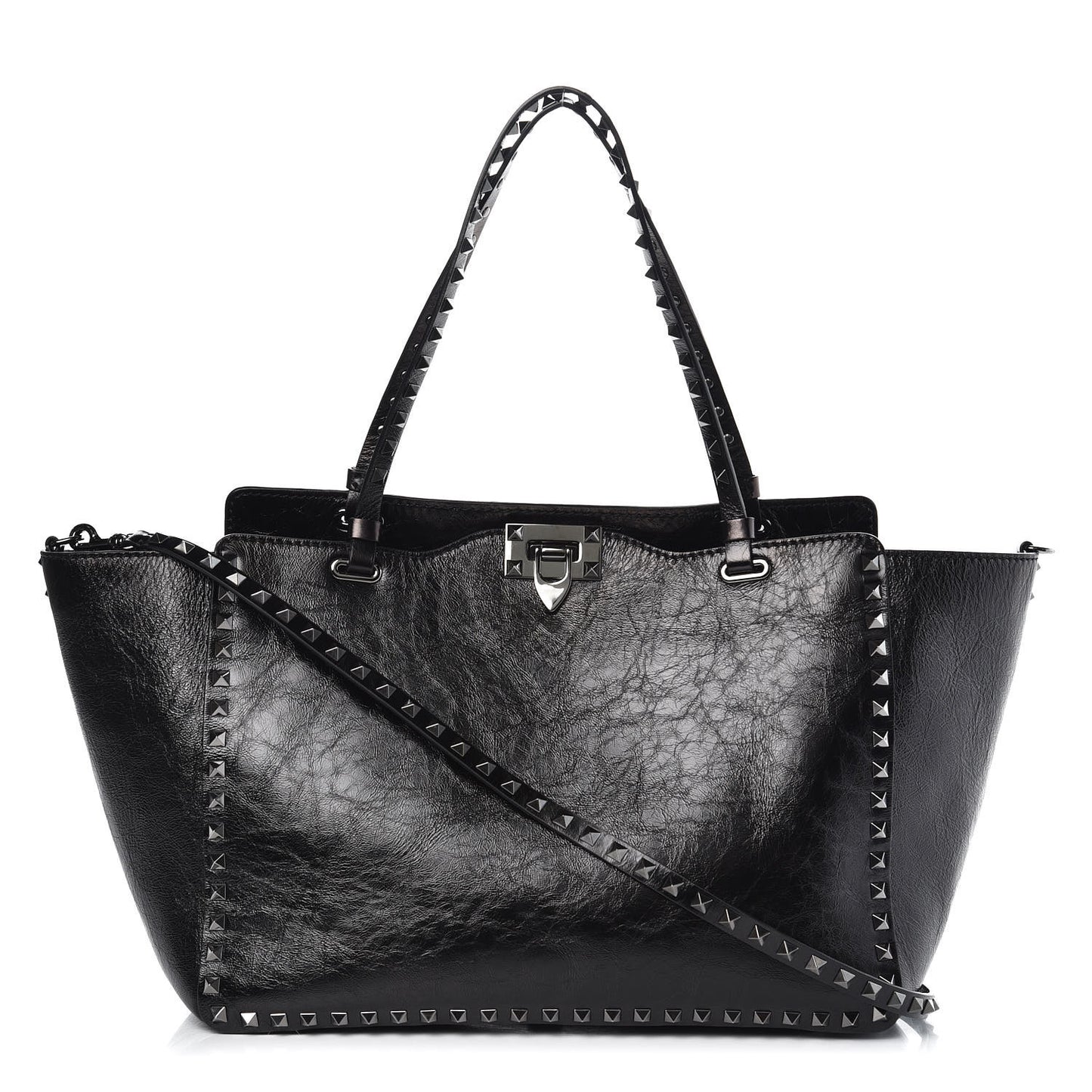 Craquele Calfskin Medium Rockstud Tote Black