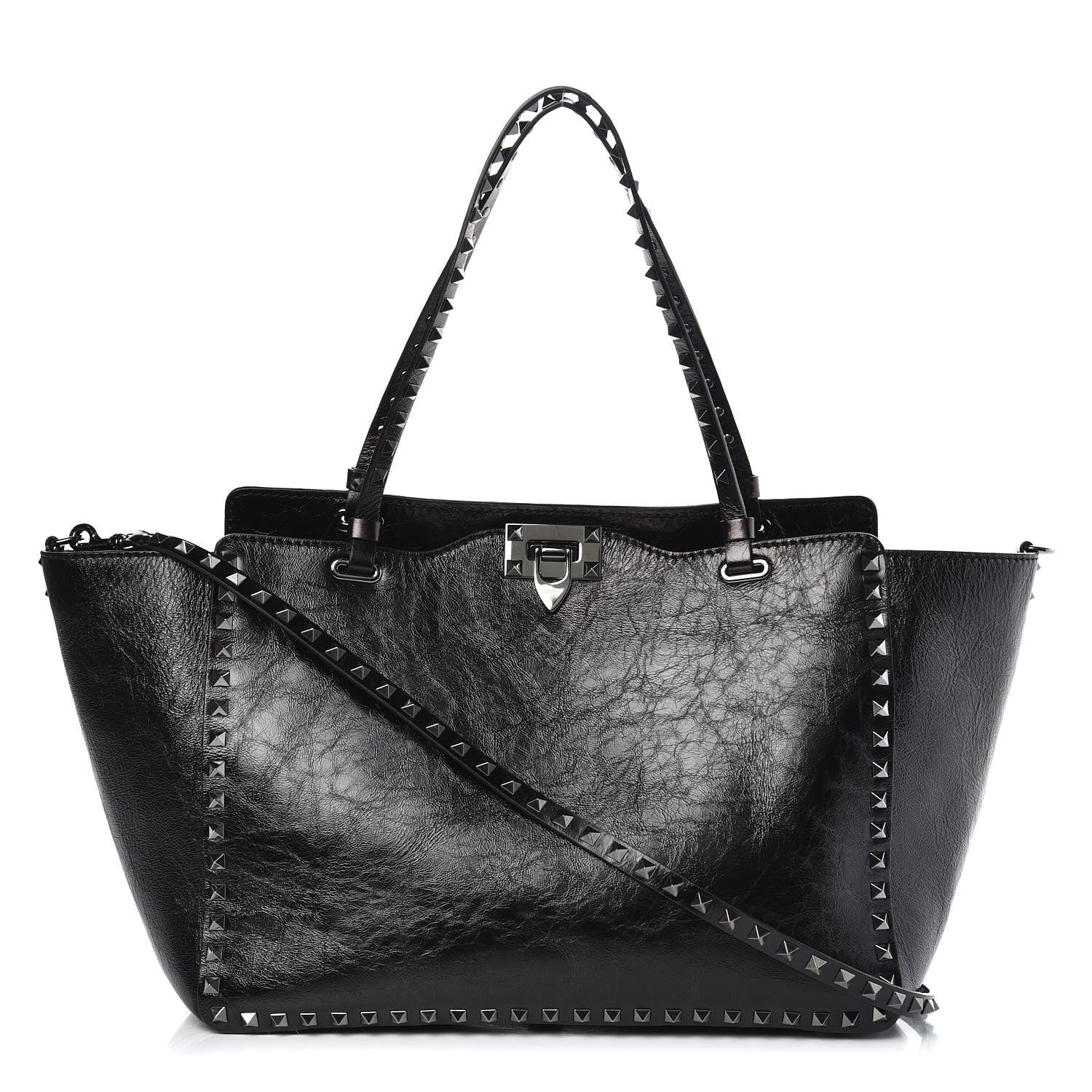 Valentino Garavani Craquele Calfskin Medium Rockstud Tote Black 1 of 9