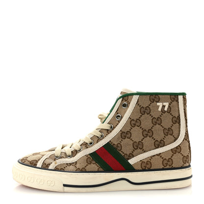 Gucci GG Monogram Web Womens 1977 Tennis High Top Sneakers 37 Beige Ebony Mystic White 1 of 12