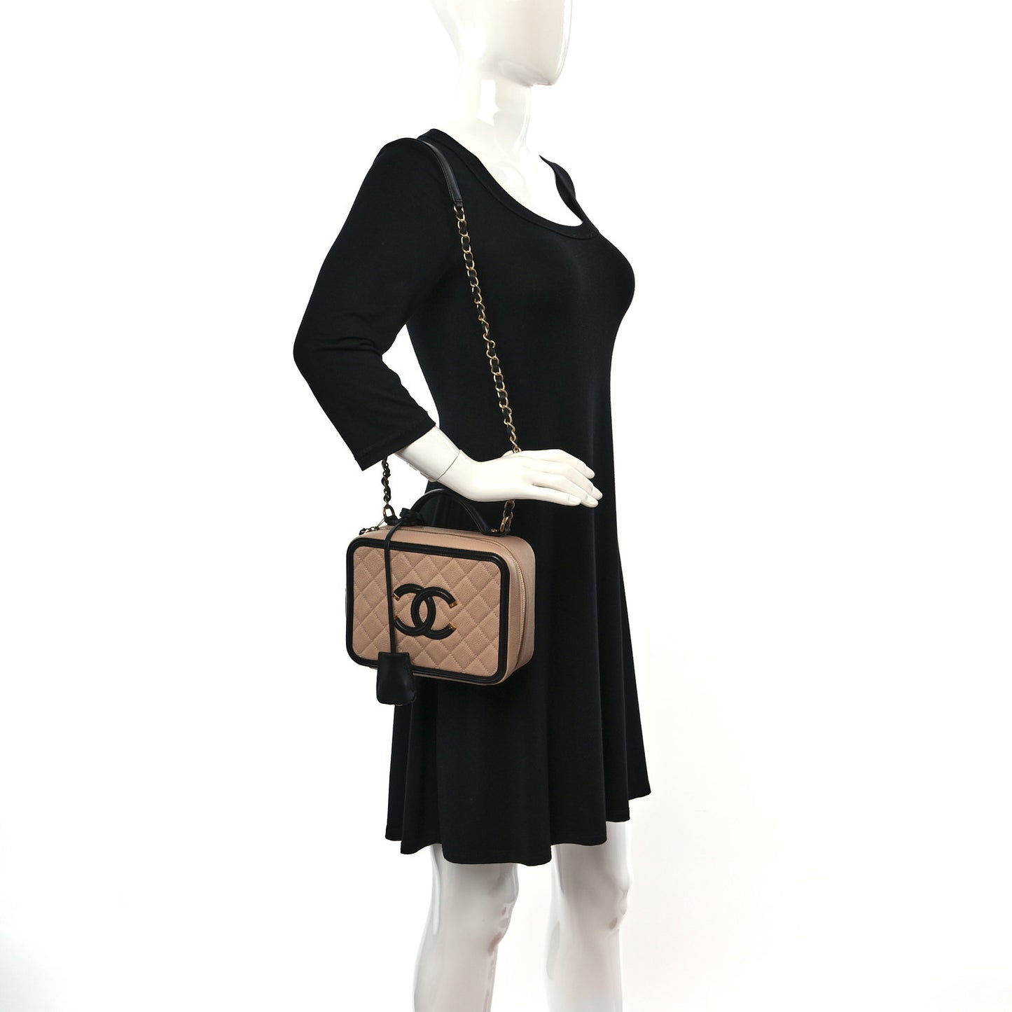 Caviar Quilted Medium CC Filigree Vanity Case Beige Black