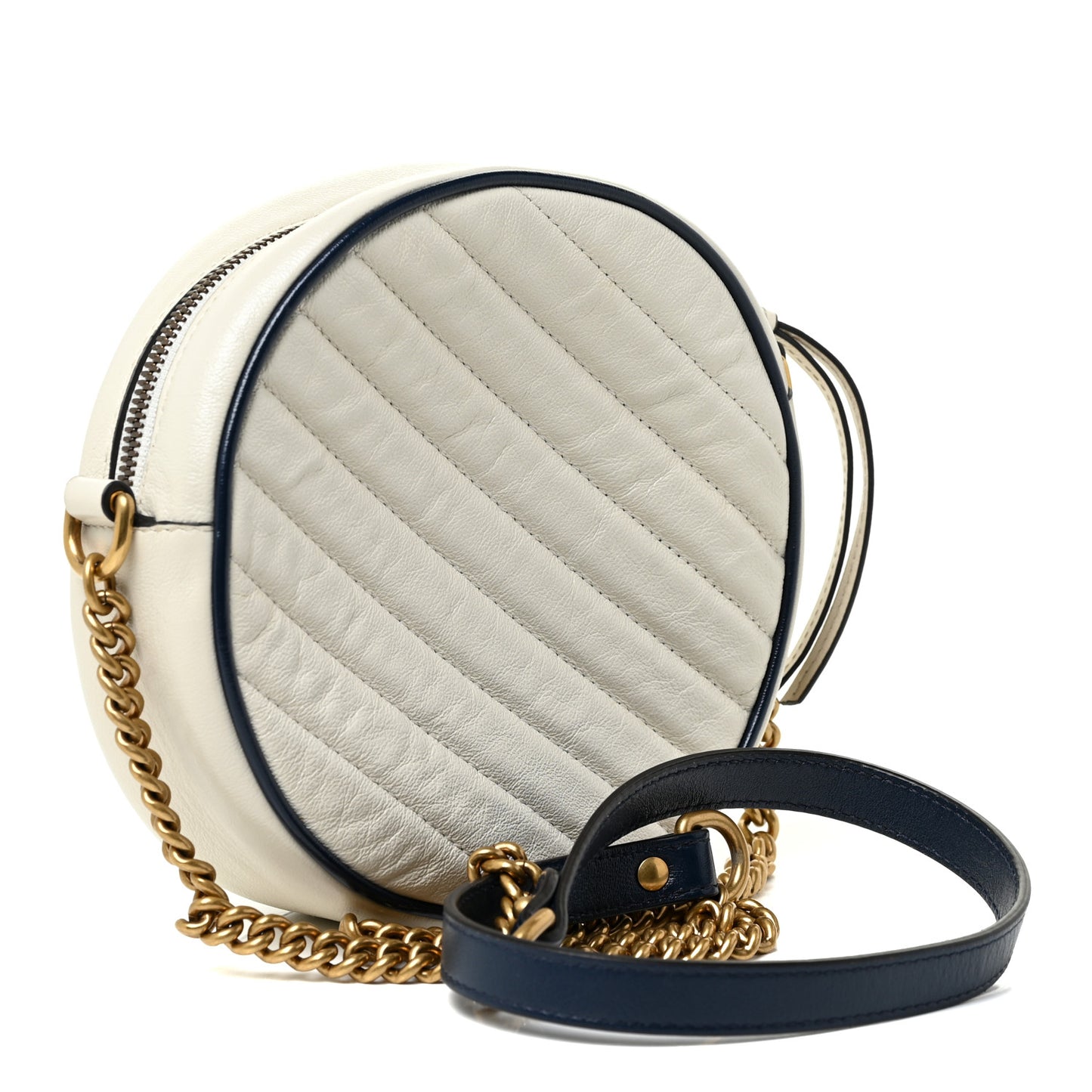 Azalea Calfskin Matelasse Diagonal Mini Torchon GG Marmont Round Shoulder Bag Mystic White Blue Agata