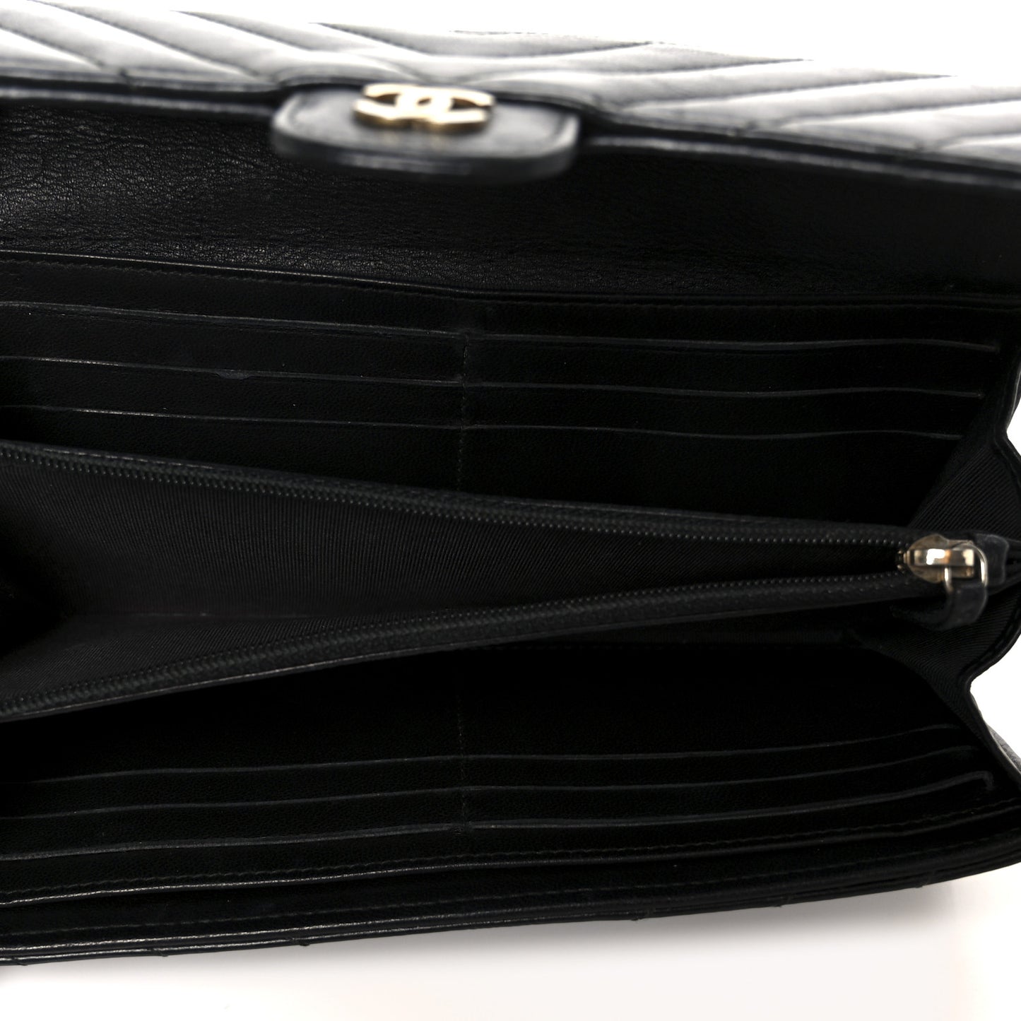 Calfskin Chevron Quilted Large Gusset Flap Wallet Black