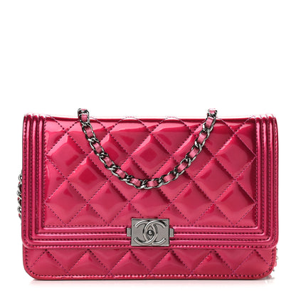 Chanel Metallic Patent Calfskin Quilted Boy Wallet On Chain WOC Fuchsia 1 of 11