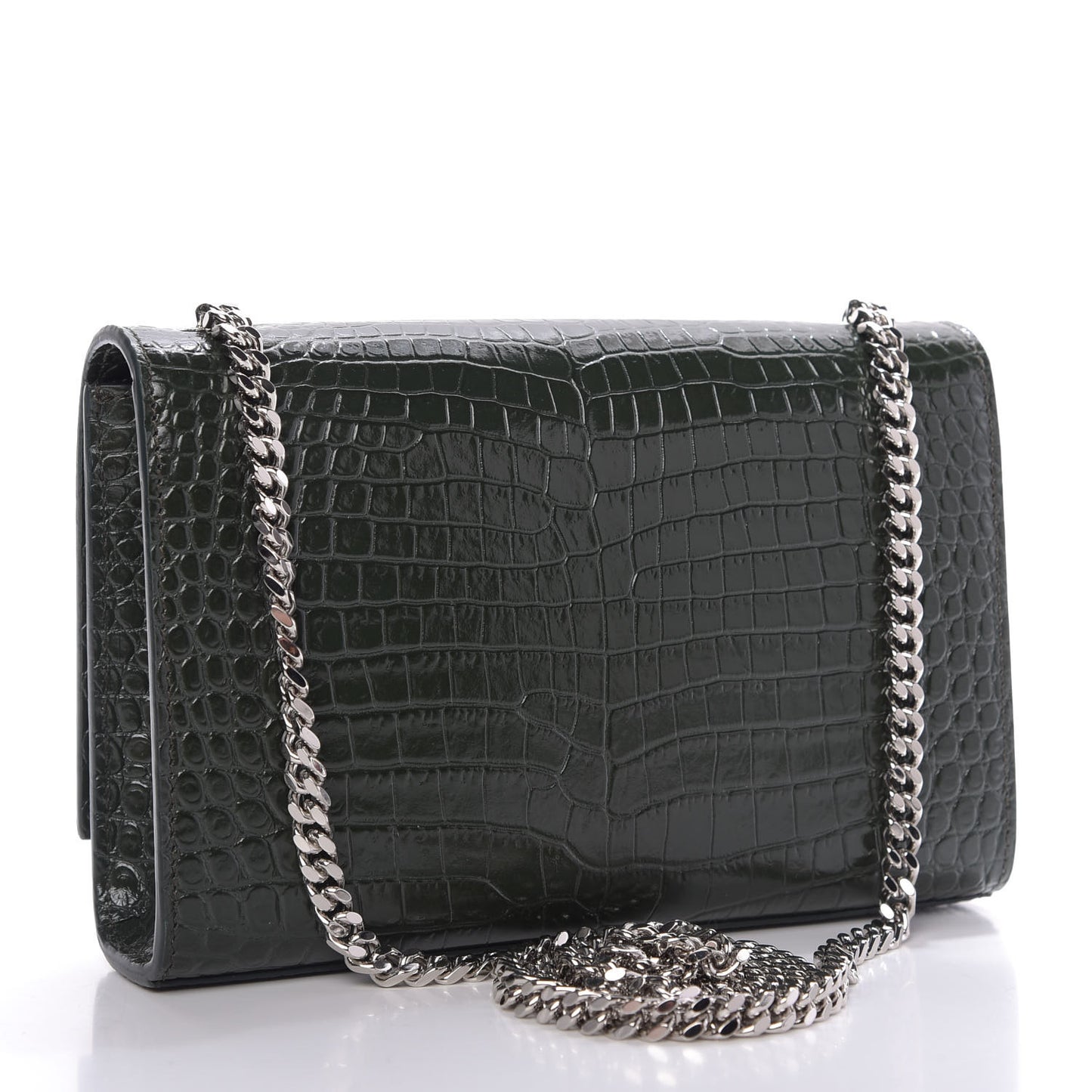 Calfskin Crocodile Embossed Small Classic Monogram Kate Tassel Satchel Dark Green