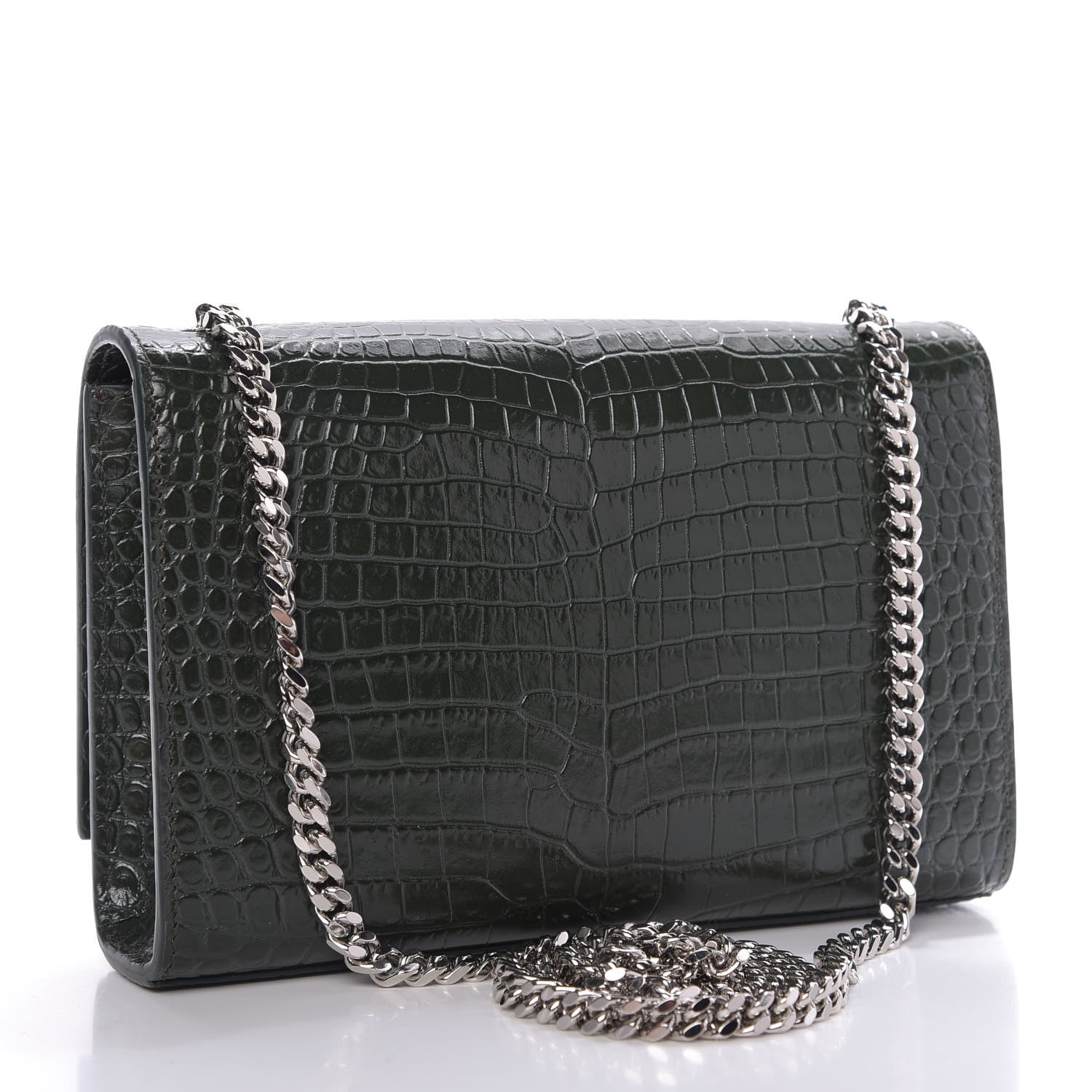 Saint Laurent Calfskin Crocodile Embossed Small Classic Monogram Kate Tassel Satchel Dark Green 3 of 8