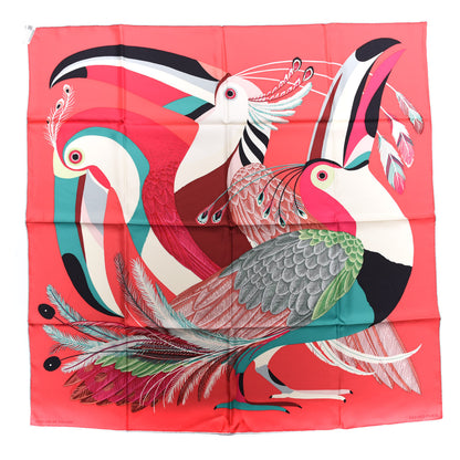 Hermes Silk Toucans De Paradis Scarf 90 Rose Vif Creme Vert 1 of 5