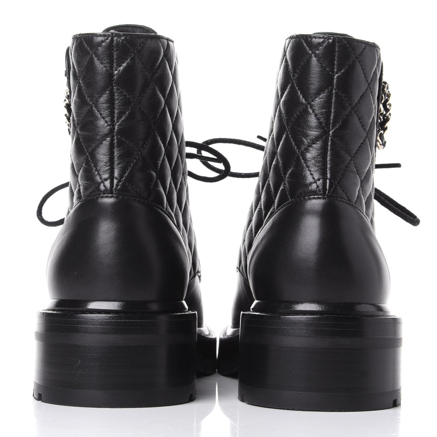 Shiny Lambskin Quilted Lace Up Combat Boots 39 Black