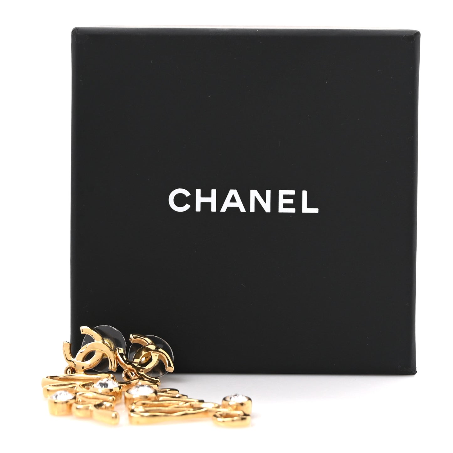 Metal Crystal Coco Script CC Drop Earrings Gold