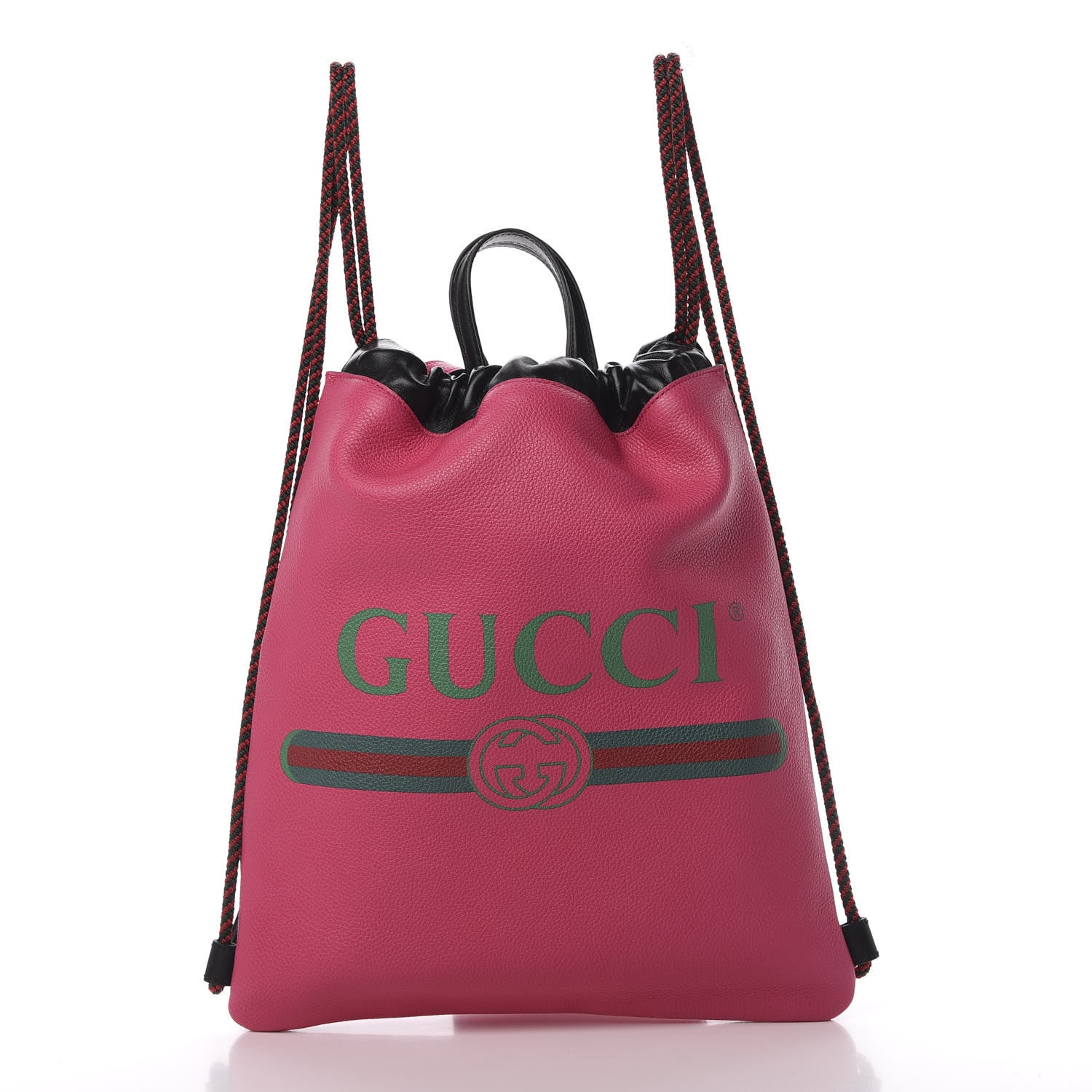 Gucci Grained Calfskin Logo Drawstring Backpack Box Pink Green Black 2 of 10