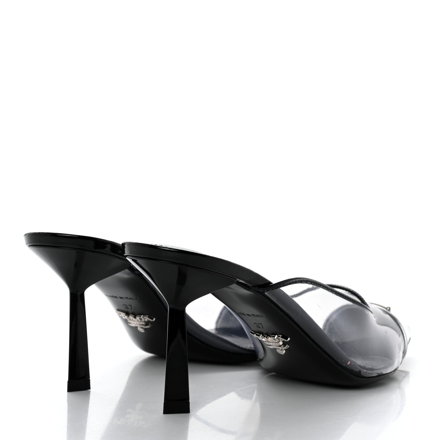 Prada Plexiglass Vernice Metal Triangle Logo Modellerie 75mm Mules 37 Black 4 of 9