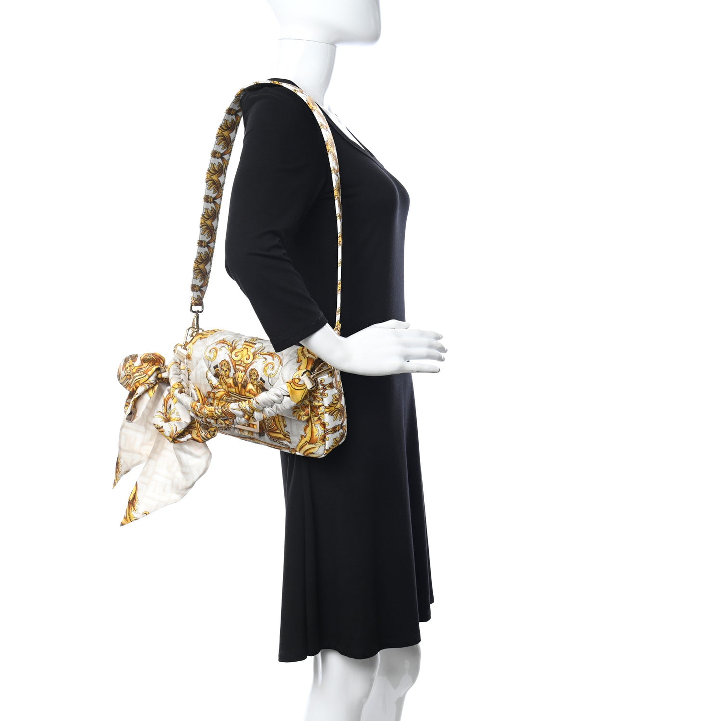X VERSACE Silk Fendace FF Baroque Quilted Scarf Baguette White Gold