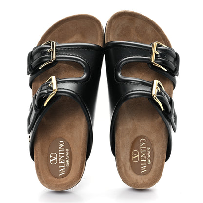 Valentino Garavani Calfskin Fussfriend Double Buckle Slide Sandals 38 Black 2 of 9