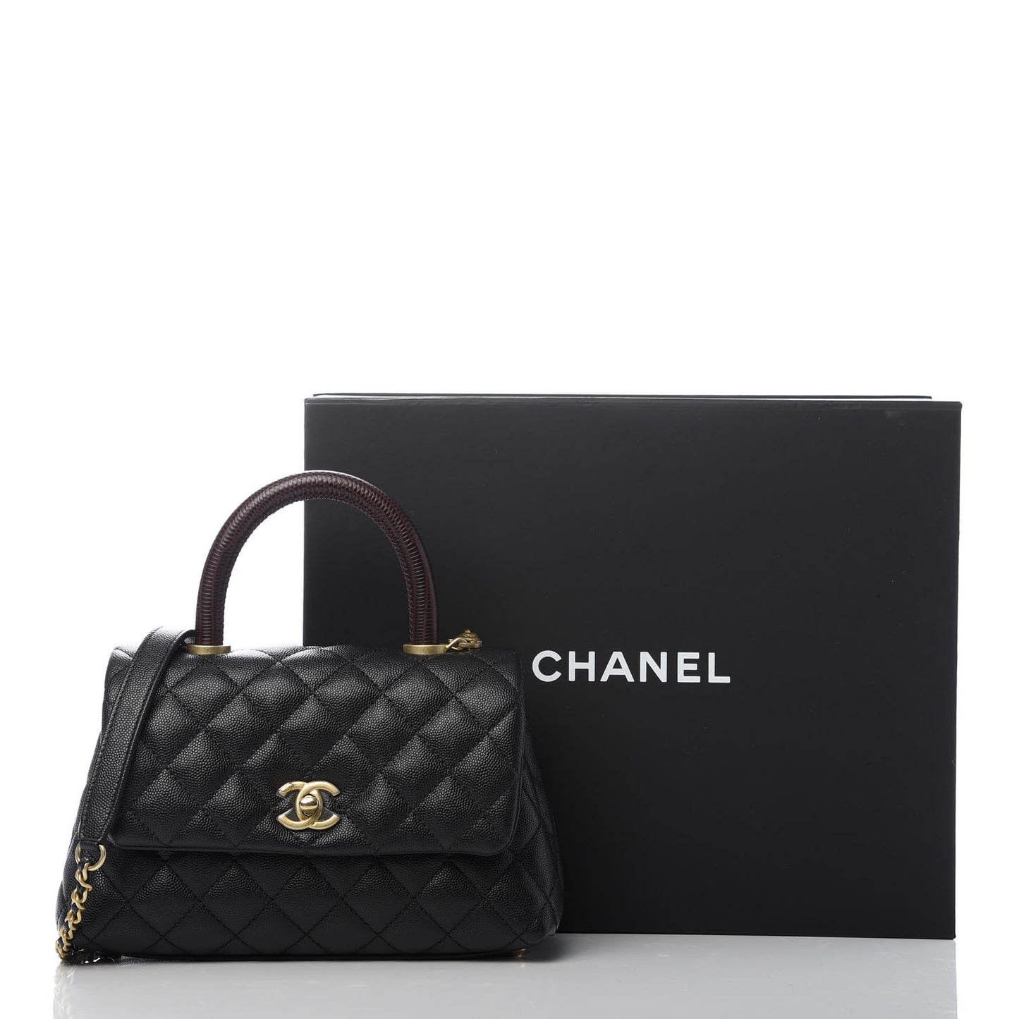 Caviar Lizard Embossed Quilted Mini Coco Handle Flap Black