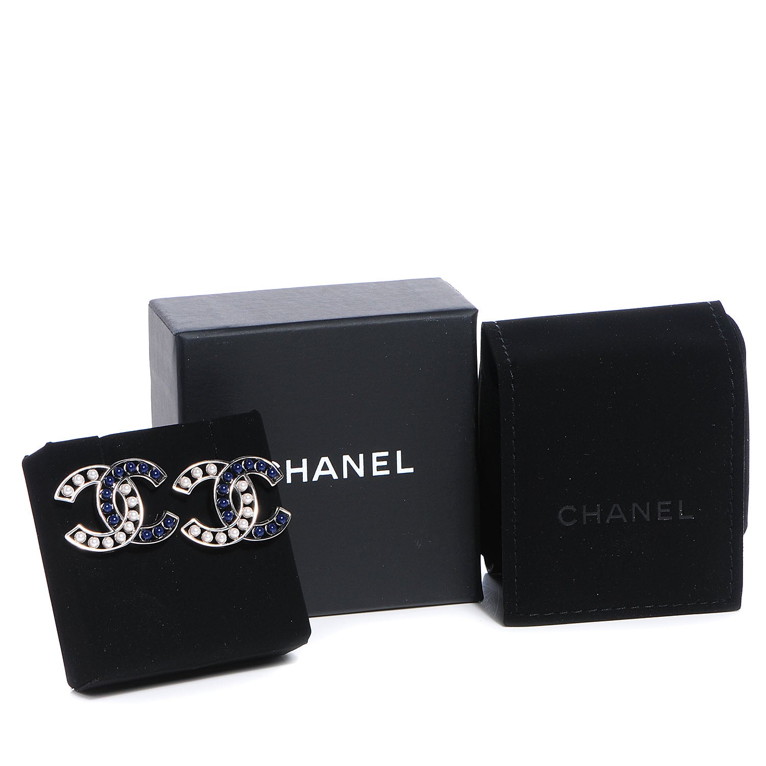 Chanel Pearl Beaded CC Earrings Silver White Blue 5 of 5
