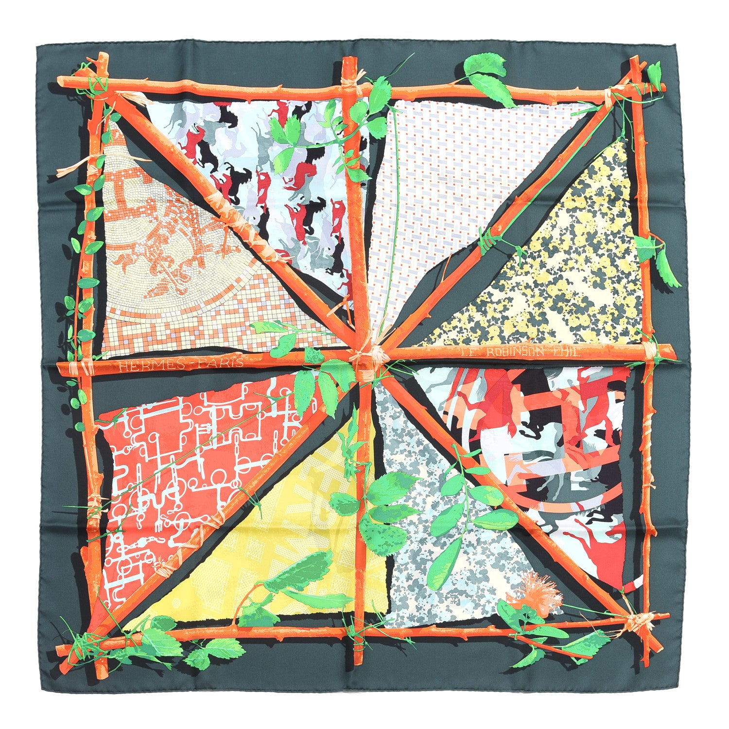Hermes Silk Le Robinson Chic Scarf 90 Vert Sapin Rouge Jaune 1 of 4