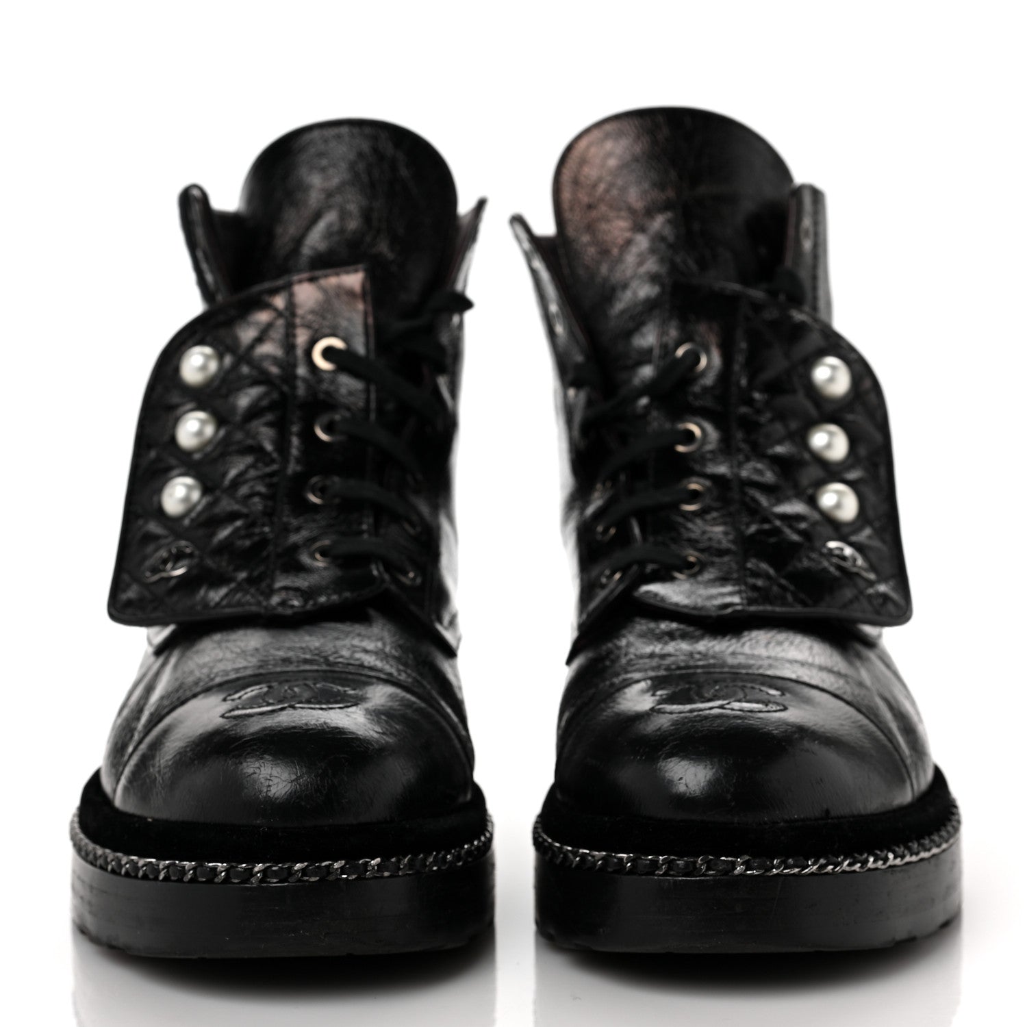 Chanel Crackled Calfskin Velvet Pearl Combat Short Boots 40 Black 2 of 7