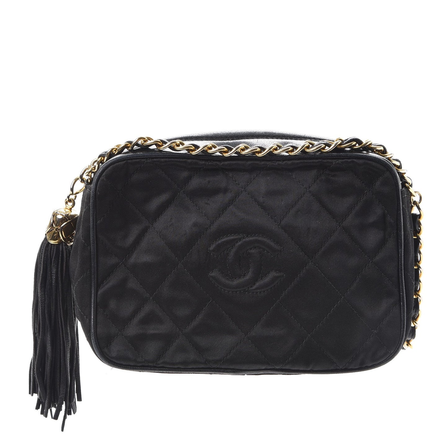 Satin Quilted Tassel Camera Case Black