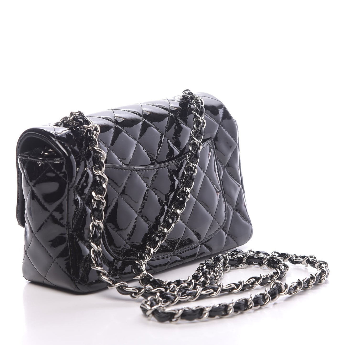 Patent Calfskin Quilted Mini Rectangular Flap Black