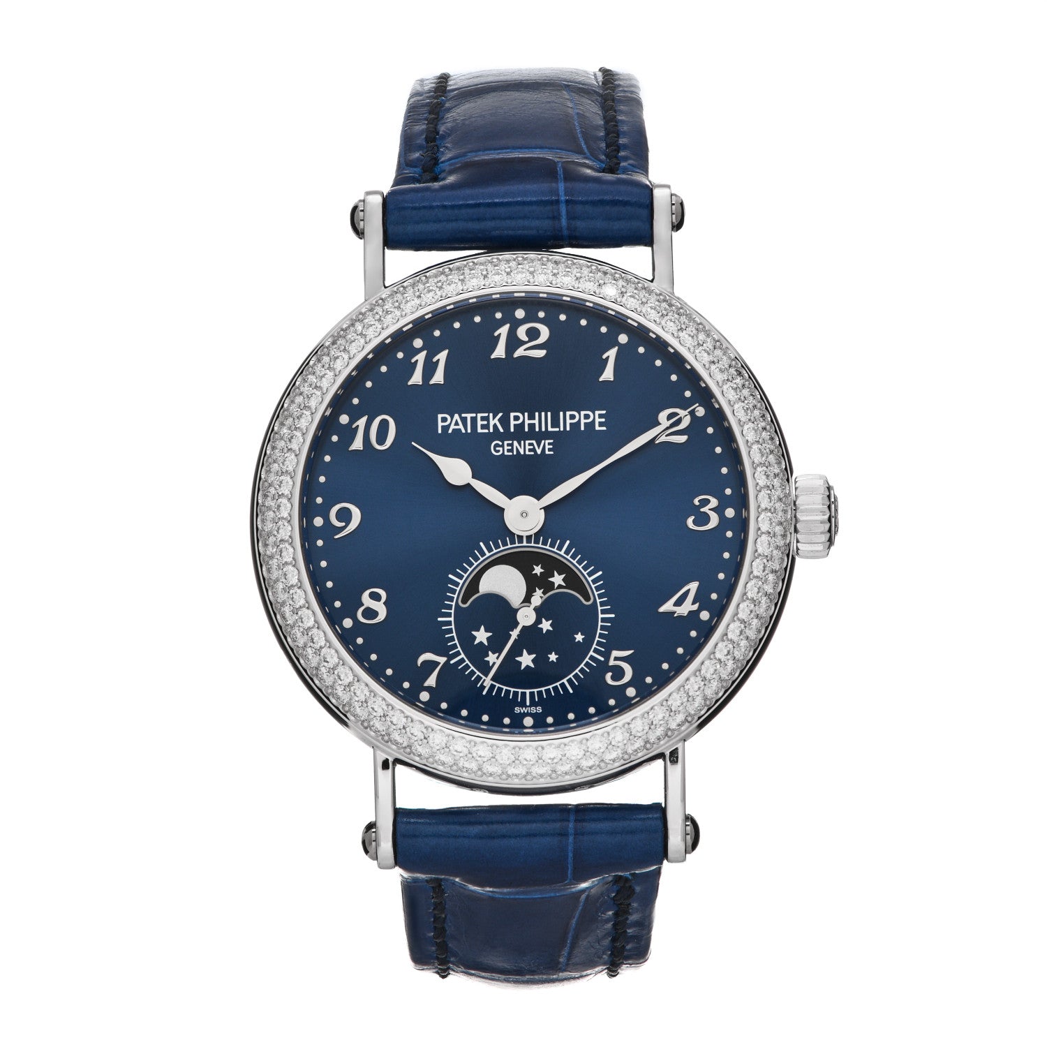 Patek Philippe 18K White Gold Alligator Diamond 33mm Complications Manual Winding Watch Blue 7121/200G-001 1 of 5