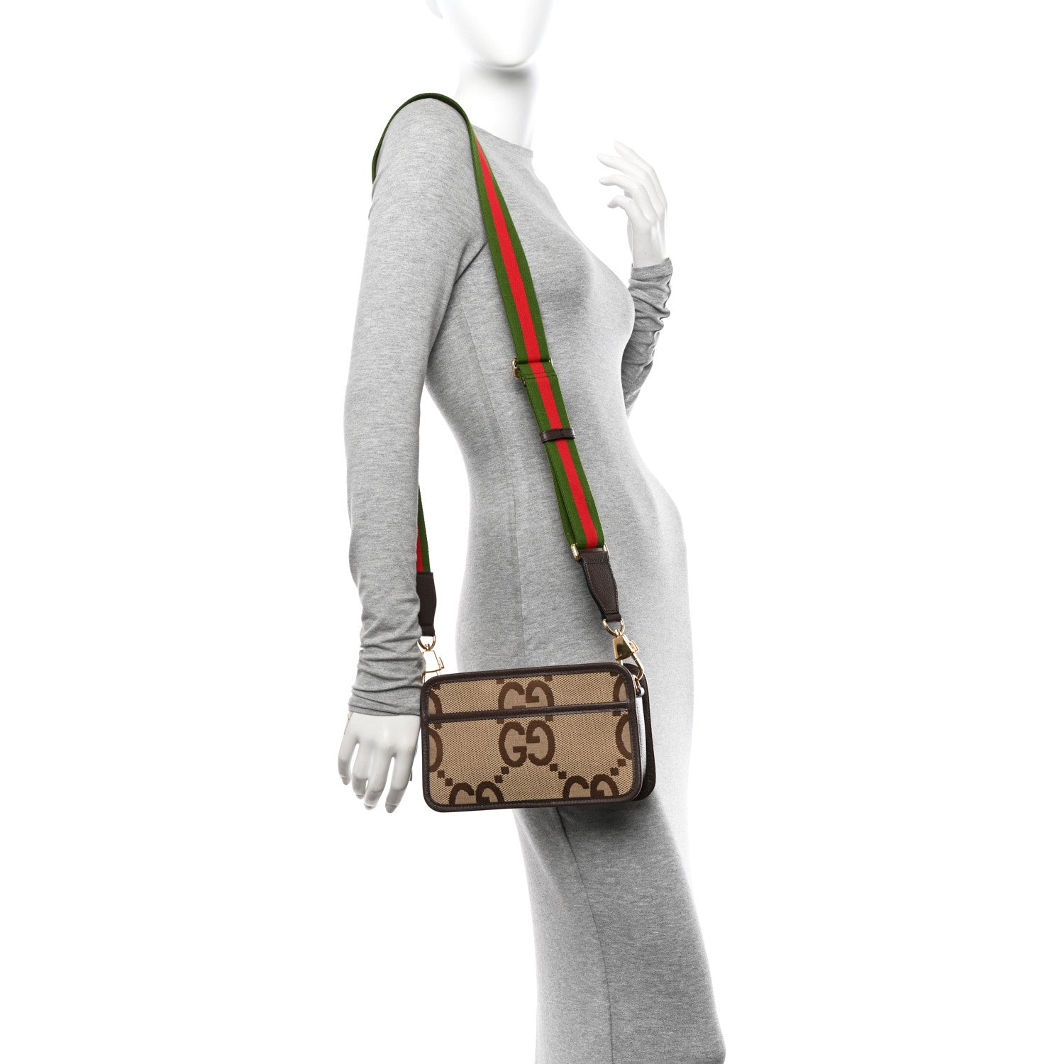 Gucci Monogram Jumbo GG Textured Dollar Calfskin Web Mini Crossbody Bag Camel Ebony New Acero 2 of 10