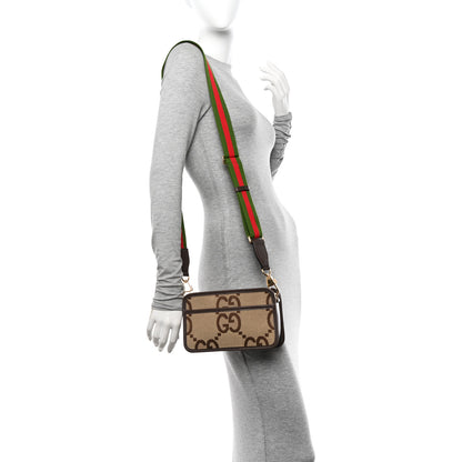 Gucci Monogram Jumbo GG Textured Dollar Calfskin Web Mini Crossbody Bag Camel Ebony New Acero 2 of 10