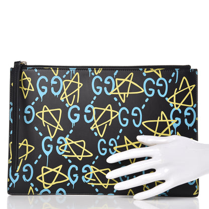 Gucci Calfskin GucciGhost Print Pouch Black New Acquamarine 2 of 8