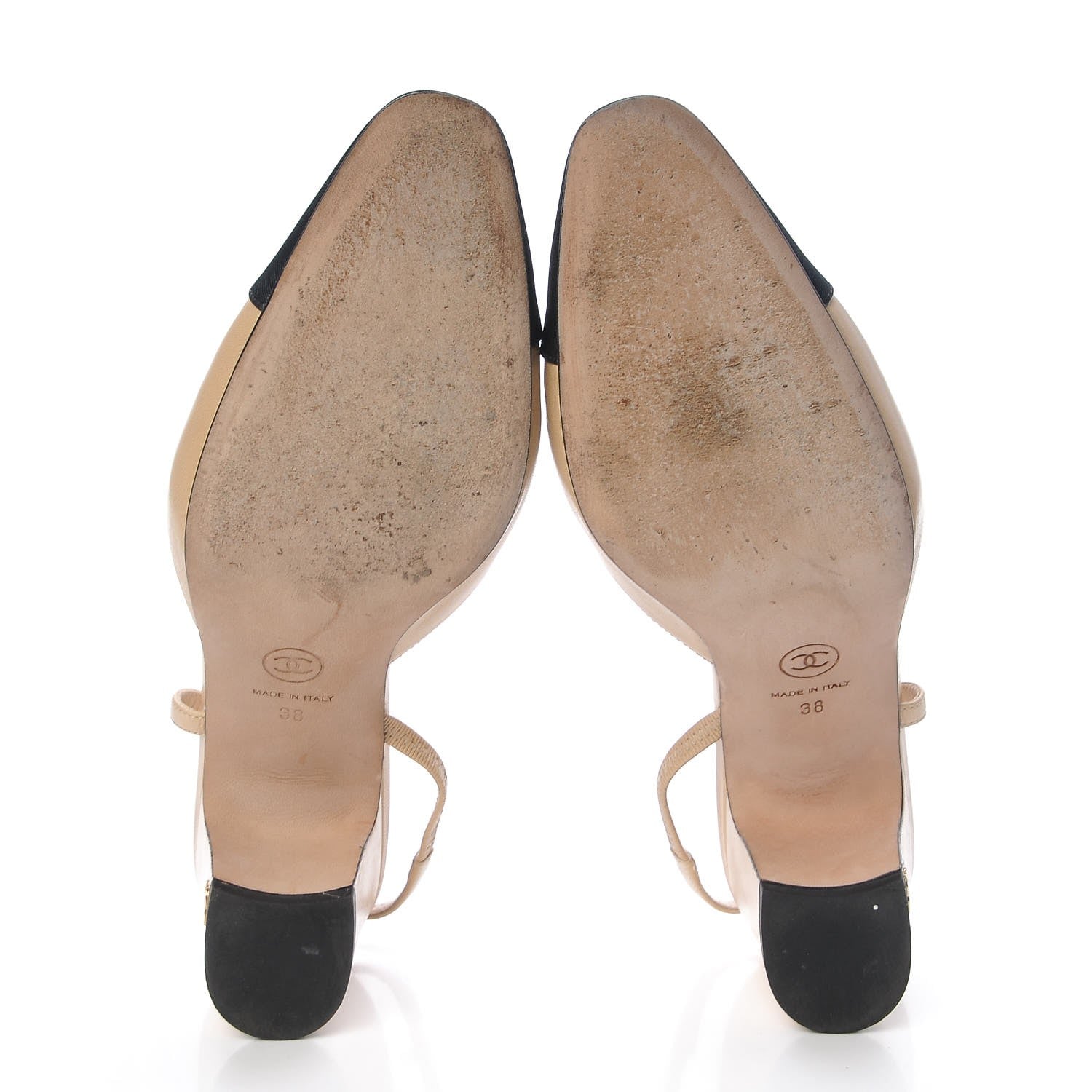 Chanel Goatskin Grosgrain Cap Toe CC Slingback Pumps 38 Beige Black 7 of 13