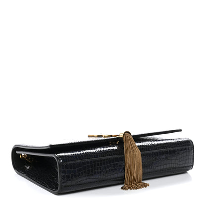 Saint Laurent Calfskin Crocodile Embossed Medium Classic Monogram Kate Tassel Satchel Black Blue 4 of 11