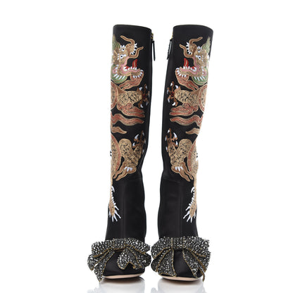Gucci Silk Satin Malaga Kid Embroidered Candy Dragon Block-Heel Knee Boot 38 Black 2 of 8