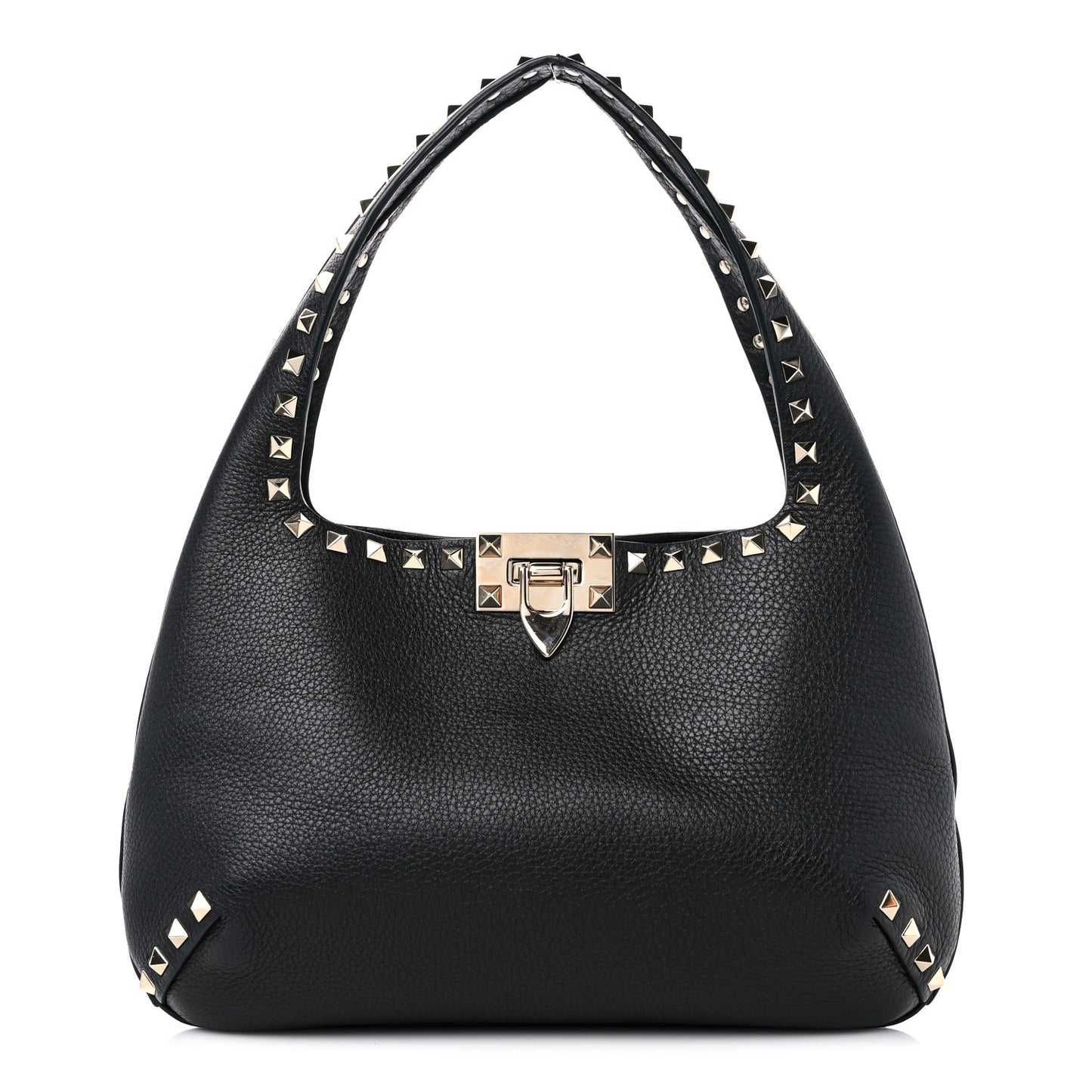 Pebbled Calfskin Small Rockstud Flip Lock Hobo Black