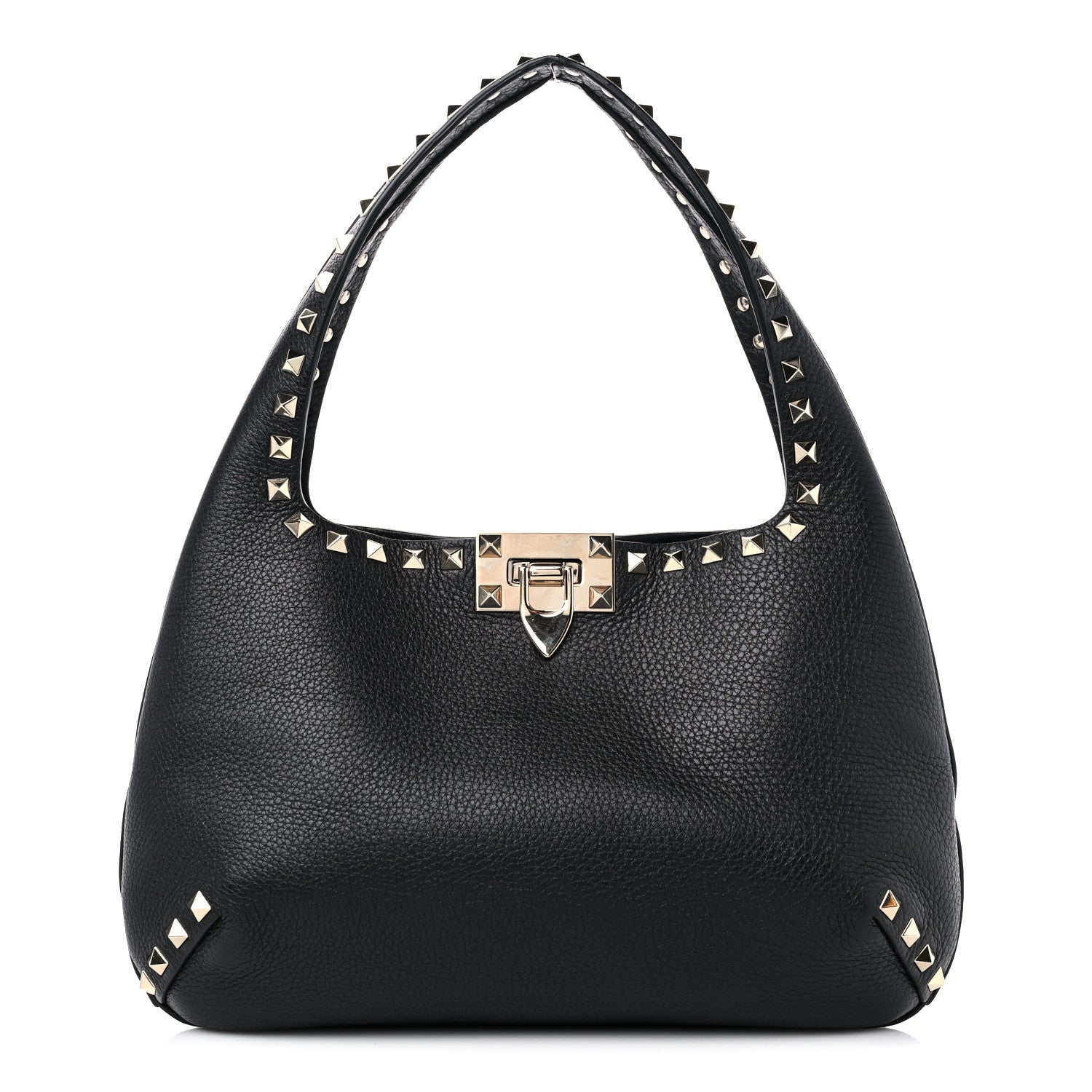 Valentino Garavani Pebbled Calfskin Small Rockstud Flip Lock Hobo Black 1 of 8