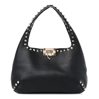 Valentino Garavani Pebbled Calfskin Small Rockstud Flip Lock Hobo Black 1 of 8