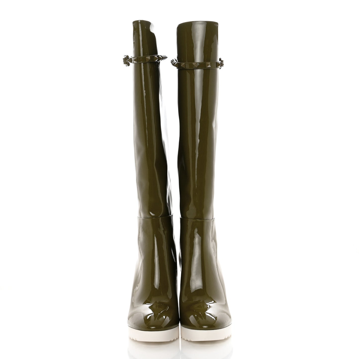 Patent Rockstud Knee High 15/100mm Wedge Boots 38 Lichen White