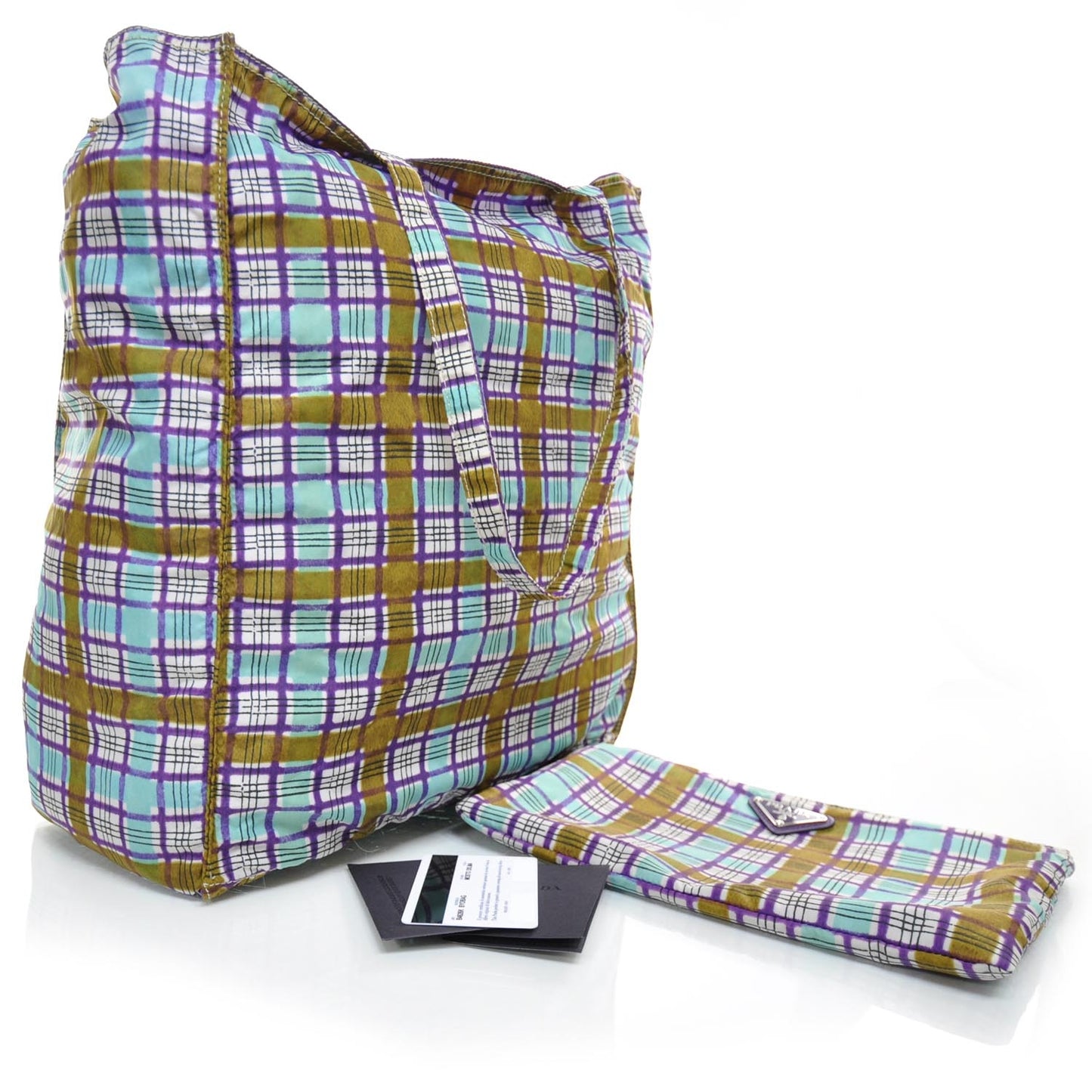 Tessuto Nylon Plaid Shopping Tote w Cosmetic Pouch