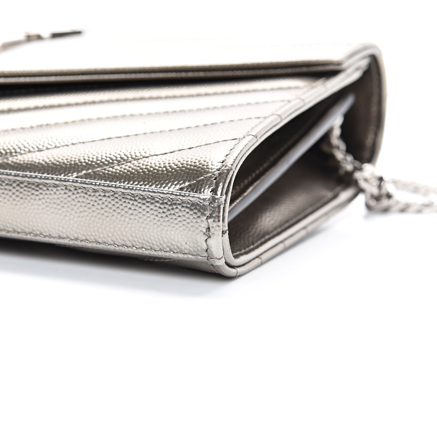 Metallic Grain De Poudre Matelasse Chevron Monogram Chain Wallet Piombo