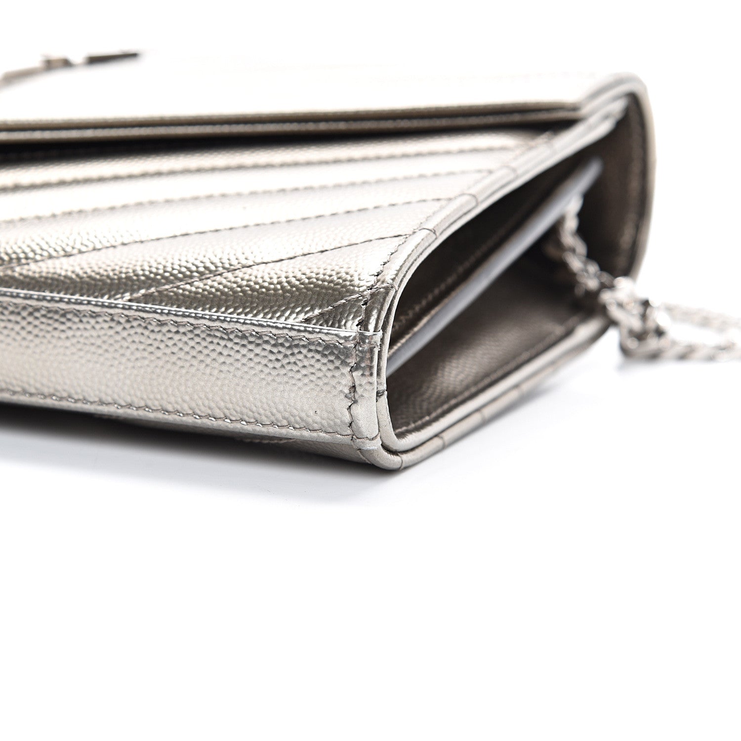 Saint Laurent Metallic Grain De Poudre Matelasse Chevron Monogram Chain Wallet Piombo 10 of 11